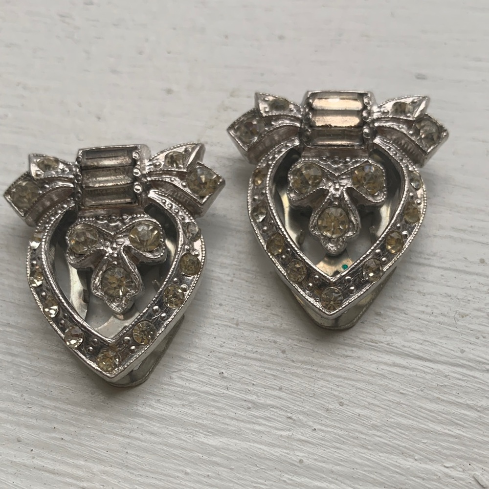 Vintage Rhinestone Dress Clips Bow Pear Heart Art Deco Style